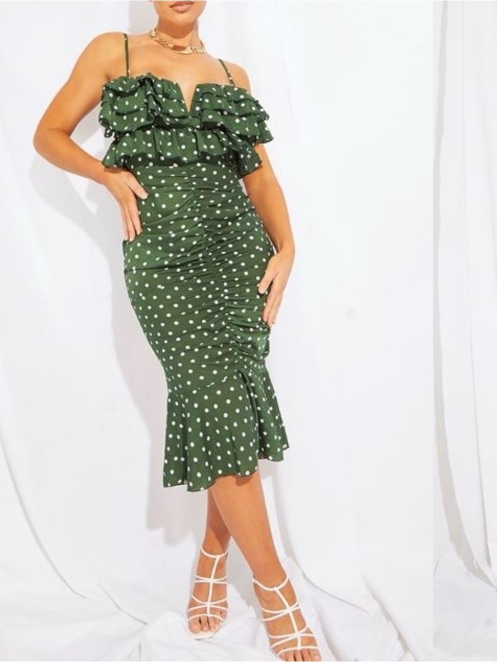 PrettyLittleThing Green Polka Dot Ruffle Midi Dress